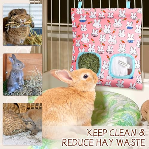 UPINS 3Pack Guinea Pig Hay Feeder Bag,Bunny Rabbit Cage Bag Hanging Holder | Guinea Pig Cage Feeder,for Bunny Rabbits,Chinchillas,Hamsters,Small Pets,and Animals - color: Orange Blue Pink