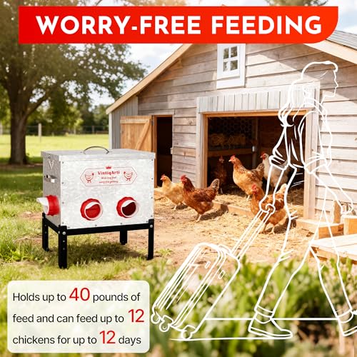 Automatic Chicken Feeder 40LB - 6 Gravity-Fed Chicken Feeders Reduce Waste, Adjustable Legs & Secure Lid, Heavy-Duty Galvanized Steel for Coops (Bright Silver) - color: Bright Silver
