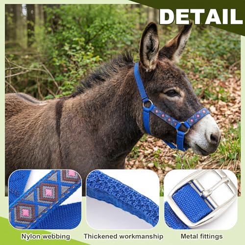 1 Set Mini Donkey Halter with Lead Rope Adjust, Blue | Nylon Head Collar, Cute and Stylish, for Miniature Donkey and Small Equines, Farm Ranch Pasture Outdoor, Gingham Plaid Trim - color: blue