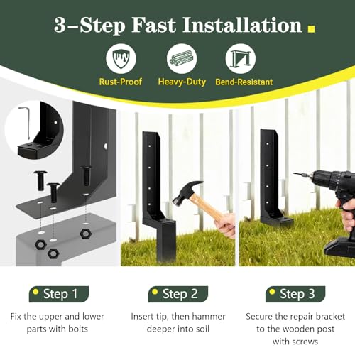 4 Pack Fence Post Repair Kit, Thickened Fence Post Anchor Ground Stakes | 31.5 Inches, Post Supports for 4x4 Ground, Fence Support Brackets, for Broken/Leaning/Tilted Wooden Fence