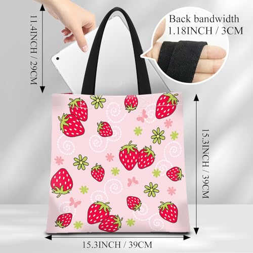 Canvas Tote Bag for Women，Cute Heavy-Duty Shoulder Bag with Zipper Pocket -Travel Tote for Grocery, Gym,Shopping - color: Cute Strawberry