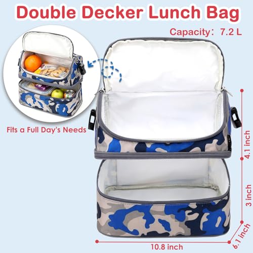 FlowFly Kids Double Decker Cooler Insulated Lunch Bag Large Tote for Boys, Girls, Men, Women, With Adjustable Strap, Blue Camo - color: Blue Camo