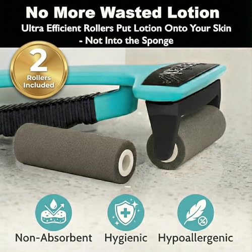 bearback Lotion Applicator for Back & Body Long-Reach Roller for Even Lotion, Sunscreen, Self-Tanner & Medication Application Foldable, Reusable, No-Help Design American Small Business (Teal) - color: Teal
