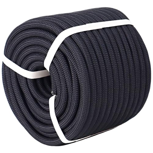 Double Braided Polyester Rope (1/2 in x 200 ft) Strong Arborist Rigging Rope 48 Strands for Tree Work Climbing Pulling Sailing, Black - size: 1/2inch x 200feet