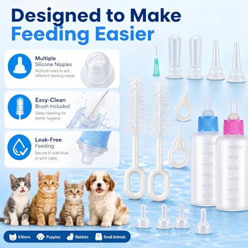 Tondiamo 17 Pcs Kitten Bottle Feeding Kit Puppy Bottles for Nursing Puppy Milk with Nipples Cleaning Brushes Bottle Opening Needles Hand Feeding Supplies for Newborn Small Pet Rabbits Ferrets - color: Blue, Pink