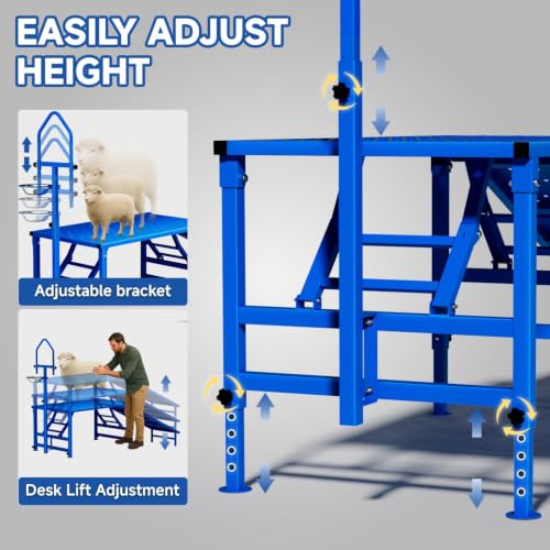 Goat Milking Stand with Ramp, 600LBS Foldable Livestock Trimming Platform, Metal Grooming Stand with Adjustable Headpiece & Stainless Steel Feeder for Nubian & Dwarf Goats