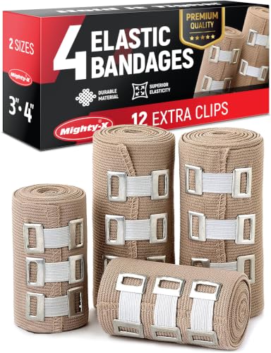 Premium Elastic Bandage Wrap - 4pk (2x3in, 2x4in) + 12 Extra Clips - Strong Compression Bandage Wrap for Leg, Arm, Wrists, Elbow, Ankles, Feet and Knees - for First Aid Kit and After Surgery Recovery | Strong Compression Bandage Wrap for Leg, Arm, Wrists,