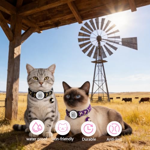 2PCS Breakaway Cat Collars with Moons Stars Cute Kitty Adjustable Safe Kitten Collars with Smart ID QR Code tag,Moon and Star Kitten Safety Collars for Boys & Girls(Black & Purple) - color: Star & Moons - Black & Purple