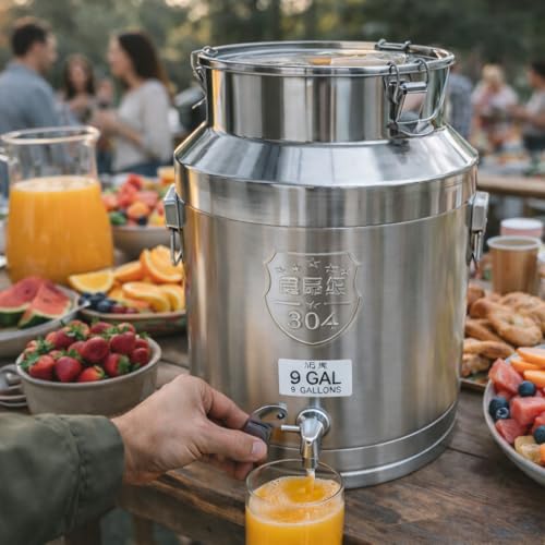 9.3 Gallon 304 Stainless Steel Milk Can with Lid, Heavy Duty Sealed Milk Bucket, Large Metal Storage Container for Milk, Wine, Oil, Water - size: 9.3 Gallon