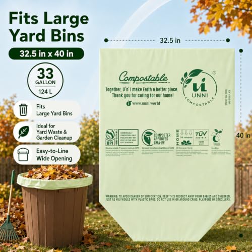 UNNI 30-33 Gallon Compostable Bags, 20 Count, 124 L, Extra Thick 1.1 Mil | Large Compost Bags for Lawn, Leaf & Yard Waste & Kitchen Organics, Certified by BPI, CMA & OK compost HOME, Meets ASTM D6400 - size: 20 Count (Pack of 1), style: 33 Gallon