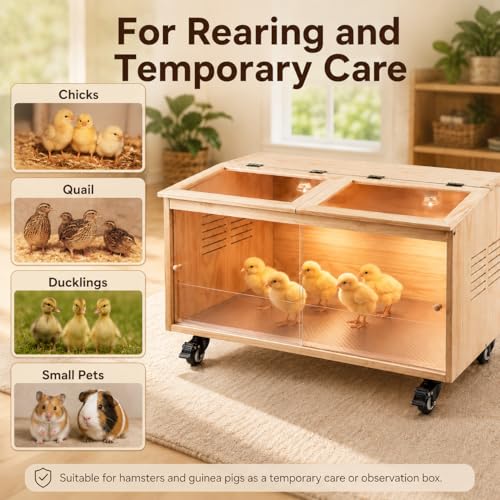 Wooden Chicken Brooder, Pine Wood Chick Brooder for Chicks with Thermostat with Heat Lamps, Thermostat & Locking Casters, Indoor Chick Brooder Box for Quail，Hamster and Small Animal (40x20x20 in)