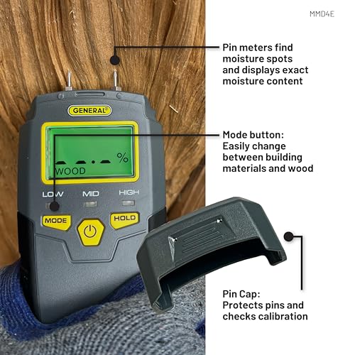 General Tools MMD4E Moisture Meter for Wood, Walls & Water Leak Detection | Pinless wood moisture meter for drywall & walls. Detects mold & humidity. Water leak detector for home moisture testing. - size: Pin Type