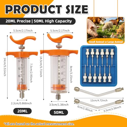 2 PCS Reusable Drench Syringe,With 2 Drench Nozzle Adjustable Dosage And 10 Needles,for Goat,Horse,Sheep ,Dog,Pig, Cat Feeding Supplies(20ML,50ML)