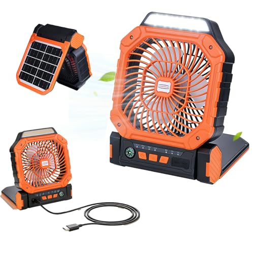 Solar Fan, Solar Powered Fan, Solar Fans For Outside ,Camping Fan, With 2 Charging Modes, 4-Speed Wind & 3-Gen Led Light, Portable Rechargeable Ventilador Recargable For Outdoor Travel & Home(Orange)