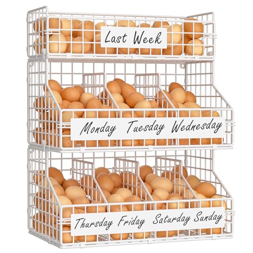 keomaisyto Egg Holder Countertop with 5 Dividers & DIY Nameplate | 3 Tier Stackable Wire Storage Baskets for Gathering Fresh Eggs, Wall-Mounted XXL Egg Rack, White (Patent Pending) - color: White, size: 3-Tier X-Large