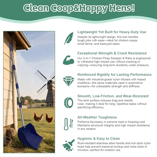 12" 2-in-1 Chicken Poop Scooper & Rake, 3-Shape Sifting Holes Chicken Coop Rake, Stainless Steel Handle (20–61") - Litter Scooper & Sand Sifting Shovel (U.S. Patent No. D1124534) - Blue