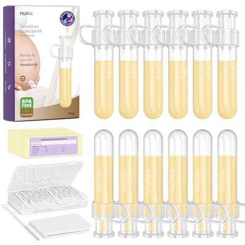 Nuliie 12pcs Colostrum Collector Kit, 7ml, Leakproof, Reusable, BPA-Free | Breast Milk Collector, Heat & Freezer Resistant, Cotton Cloth Wipe, Storage Case, Cleaning Brush, Ready-to-Use for Newborns - size: 12 Count