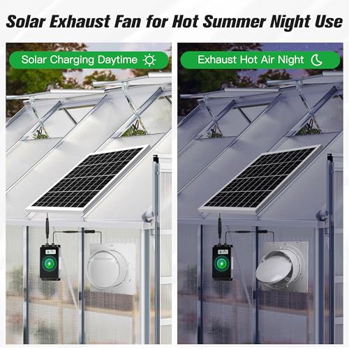 blessny 8" Solar Rechargeable Exhaust Fan for Greenhouse, Chicken Coop | 25W Solar Powered Ventilation Vent Fan with 66.6 Wh Battery Backup for Outdoor Air Circulation - size: 8" Fan Large Kit