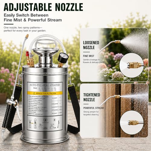 3.5 Gallon Stainless Steel Sprayer, Hand Metal Pump Up Sprayer Reinforced Hose with Pressure Gauge, Safety Valve & Adjustable Nozzle, Garden Weed Sprayers for Lawn, Gardening, Sanitizing - style: 3.5 Gal