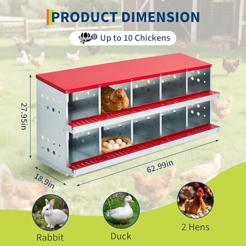 Chicken Nesting Box, 2-Tier 10 Compartments Metal Poultry Nest Box, Hen Laying Box, with Perch & Ventilation Holes, for Backyard Chicken Coops Home Poultry Raising - size: 63.0"L x 18.9"W x 28.0"H