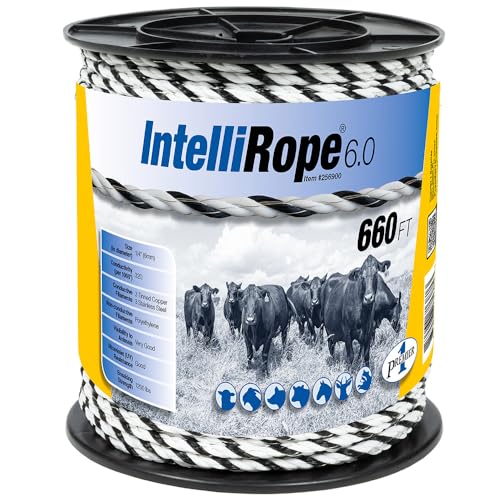 Premier 1 IntelliRope® PE 6.0 Electric Fence Rope – 6mm, 660 ft | 3 tinned copper + 3 SS filaments. Resists wear & abrasion. 10-year probable life. For permanent & portable fences.