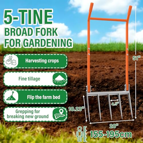 Broadfork 5-Tine Broad Fork for Gardening Ergonomic U-Shaped Design | Heavy Duty Broadfork Tool for Gardening Cultivating Farm Garden Digging Crushing Aerate Soil (Patent Pending)