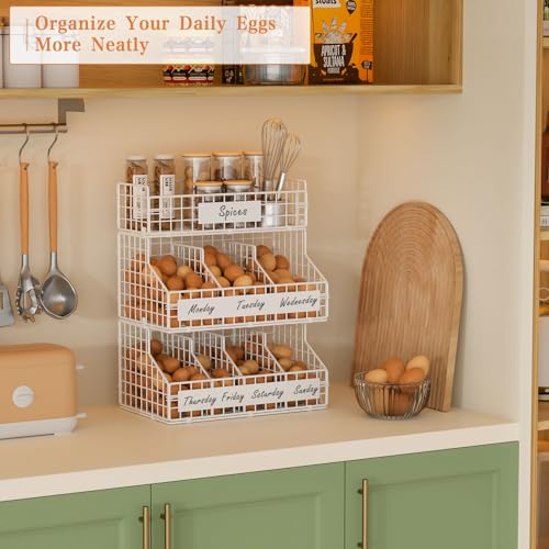 keomaisyto Egg Holder Countertop with 5 Dividers & DIY Nameplate | 3 Tier Stackable Wire Storage Baskets for Gathering Fresh Eggs, Wall-Mounted XXL Egg Rack, White (Patent Pending) - color: White, size: 3-Tier X-Large