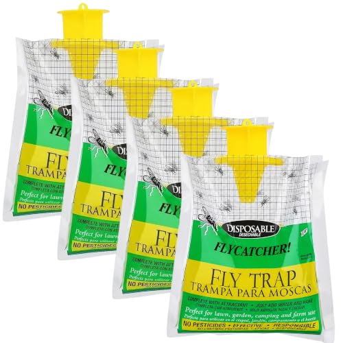 Fly Traps Outdoor Hanging, Natural Pre-Baited Bug Catcher Bags, Non-Toxic Flying Insect Killer for Outside Home, Patio, Trash Can, Horse Stables, Farm, Pastures, Backyard & Camping,4 Pack