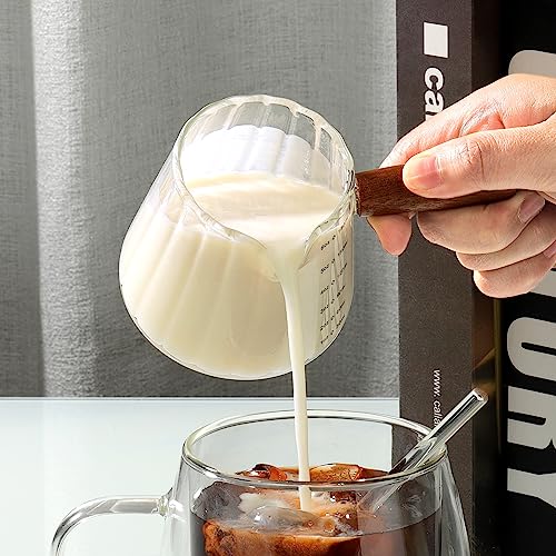 Joeyan 6 oz Glass Measuring Cups with Spout,Borosilicate Glass Triple Pitcher with Scale,Origami Style Espresso Shot Glasses with Wood Handle for Coffee Milk,Dishwasher Safe - color: 6 Oz Single Spout Clear Measuring Cup