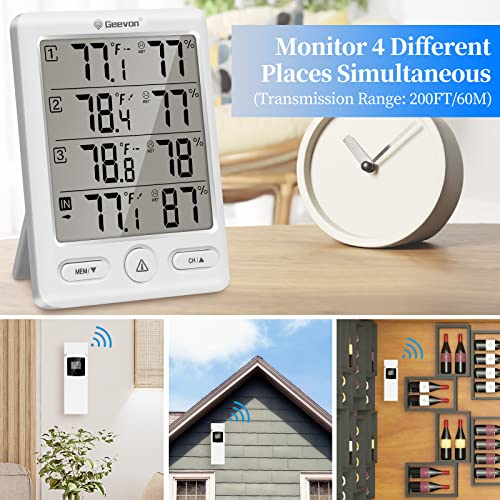 Geevon Indoor Outdoor Thermometer Wireless with 3 Remote Sensors, Digital Hygrometer Indoor Thermometer, Temperature Humidity Monitor Gauge with 200FT/60M Range - color: White