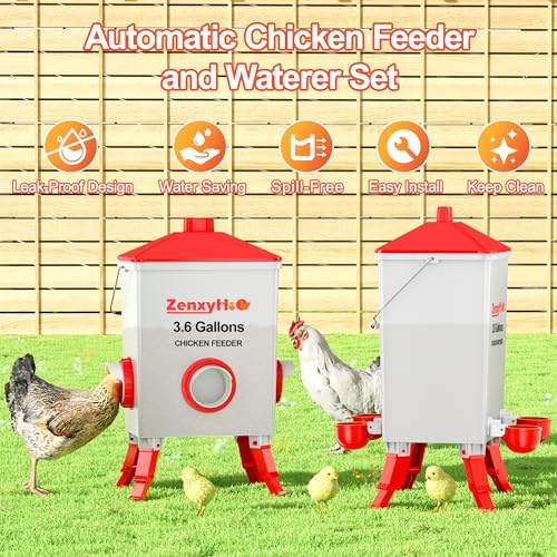 Chicken Feeder and Waterer Set - 3 Height Adjustable | Anti-roost Cone and Locking Legs Design for Backyard Flock