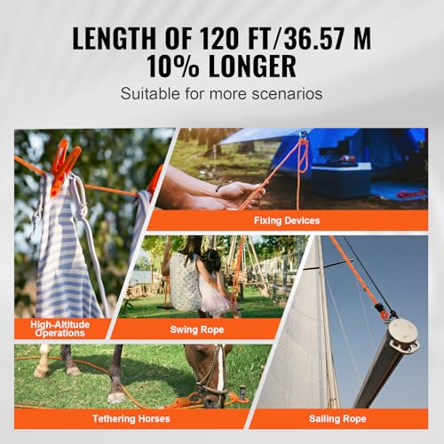 VEVOR Double Braided Polyester Rope, 1/2 in x 120 ft, 48 Strands, 8000 LBS Breaking Strength Outdoor Climbing Rope, Arborist Rigging Rope for Rock Hiking Camping Swing Rappelling Rescue, Orange/Black - size: 1/2 Inch x 120 FT, style: Polyester