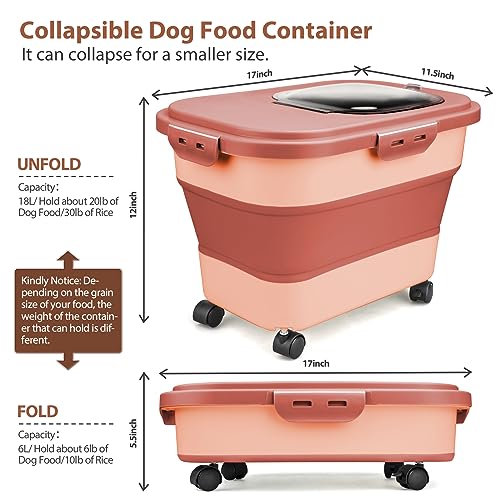 Viretec Dog Food Storage Container, 10-20Lbs Collapsible Pet Food Storage Containers with Rolling Wheel Airtight Locking Lid, Dry Food Storage Bin with Cup and Scoop,Suitable for Pet Food, Rice, Flour - color: Pink