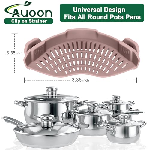 AUOON Pasta Strainer Clip on Silicone, Standard 8.86 x 3.55 in, Almond Rose | BPA-free, Fits All Pots Pans Bowls, Dishwasher Safe, for Meat Noodles Vegetable Fruits, Space-saving Kitchen Gadget - color: Almond Rose, size: Standard 8.86 x 3.55 in