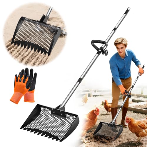 12inch Chicken Poop Scooper & Rake 2-in-1 with Adjustable Handle | Heavy Duty Metal Chicken Coop Scoop for Sand, Adjustable Angle Stainless Steel Chicken Coop Rake Litter Sifting Shovel 37-64" - color: Black