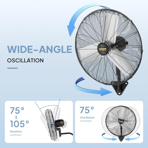 ROVSUN 24 Inch Industrial Wall Mounted Fan, 3 Speed Settings Heavy Duty Fan, High Velocity Wall MountFan, Aluminum Blade & Dual Ball Bearing Motor, for Garage, Gym - size: 24"