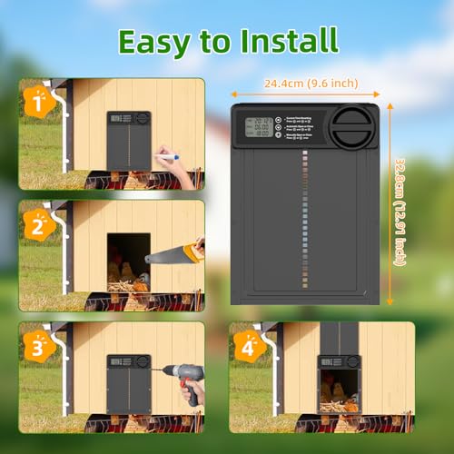 Automatic Chicken Coop Door, Battery Powered with Smart Timer & Anti-Pinch | Aluminum Alloy Door, LCD Display, Low Battery Reminder, Waterproof, Electric Auto Open/Close for Hens, Ducks, Geese Poultry
