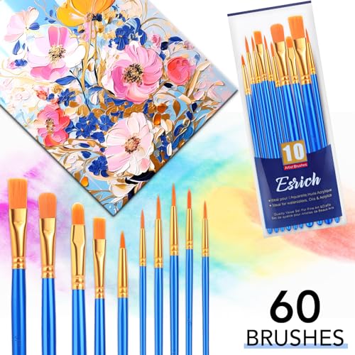 ESRICH 60PCS Paint Brushes, Paint Brush for Acrylic Painting | Artist Paintbrushes for Oil Watercolor, Body Face Rock Canvas, Small Paint Brushes for Kids, Blue - color: Blue, size: 60