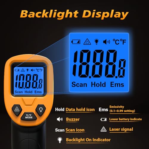 FKM Infrared Thermometer Gun Non-Contact Laser Temperature Gun-58°F~1112°F | Adjustable Emissivity,Digital IR Thermometer Gun for Industrial,HVAC,Automotive,Cooking,Griddle,Pizza Oven,BBQ,Not for Human - color: Black Yellow