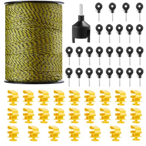 VEVOR Electric Fence Wire, 1640Ft 500M Portable Polywire, 1/8" Diameter 6 Stainless Steel Strands, Fencing Rope Line with 25 Fence Insulators and 25 T-Post Insulators, for Horse, Cattle, Livestock - size: 1640Ft 500M, style: 1/8" Strands
