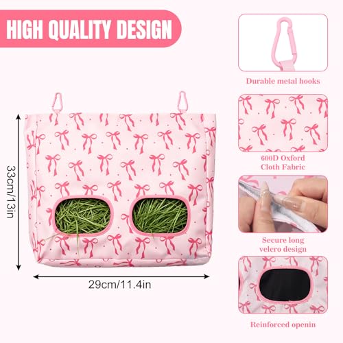 JarThenaAMCS 2Pcs Rabbit Hay Feeder Bag with 2 Holes Pink Bow Guinea Pig Hanging Hay Feeding Bag Large Storage Dispenser for Chinchilla Hamster Bunny Small Animal Pet - size: 13 x 11.4 inch