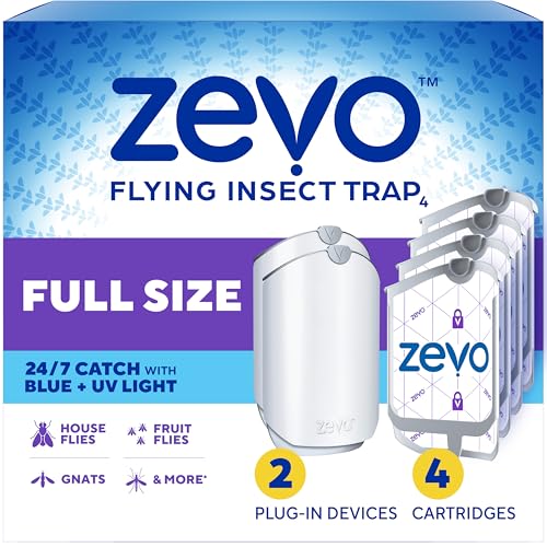 Zevo Flying Insect Trap for Fruit Flies & Gnats, 2 Plug-in Bases, 4 Refills | Catches Fruit Flies & Gnats Near Fruit Bowls & Trash Bins, Spray-Free, Odor-Free, Blue & UV Light Trap, Safe for Kids & Pets* - style: 2 Devices & 4 Cartridges