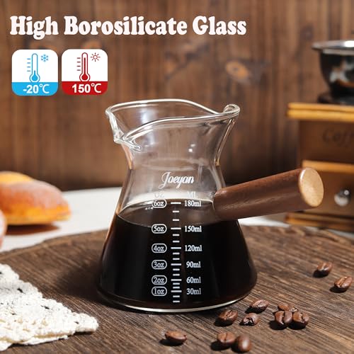 Joeyan 6 oz Glass Measuring Cup with Double Spouts,Clear Borosilicate Espresso Shot Glasses with Wooden Handle,Milk Creamer Frothing Pitcher Barista Coffee Carafe - color: 6 Oz Dual Spouts Clear Measuring Cup