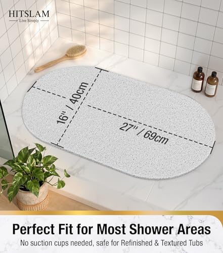 HITSLAM Oval Loofah Shower Mat Non Slip, 27x16 Inch, White | Bath Mat for Textured Tub & Inside Shower Stall, No Suction Cups Quick Drying PVC Porous Floor Mat, Soft Foot Exfoliating - color: White