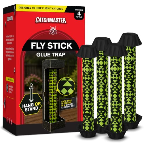Catchmaster Fly Stick 4-Pack, Sticky Hanging Fly Traps Indoor & Outdoor | High-contrast pattern hides caught flies; Unscented; Captures flies, gnats & insects; Heavy duty glue; Hang or stand