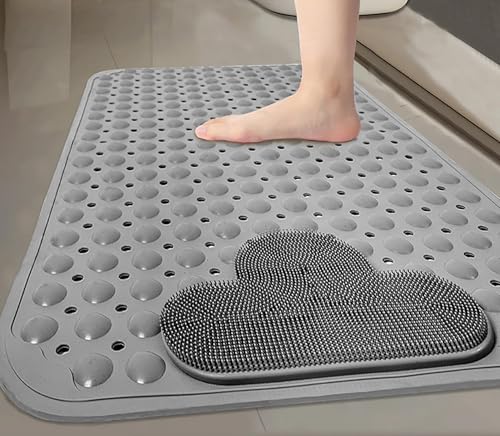 Bath and Shower Safety Mats with Foot Massage,Large Foot Scrubber Mat in Shower,Non Slip with Suction Cups for Bathroom Stall and Tub Floor,Foot Clean and Massage Feet Without Bending Over (Grey) - color: Grey