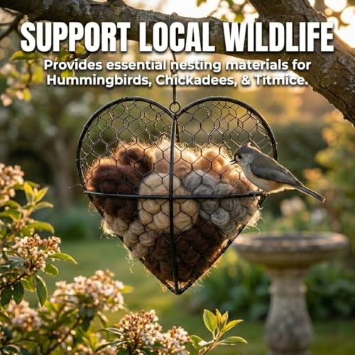 Handmade Alpaca Fiber Bird Nesting Heart - Refillable Bird Nesting Material Holder with Alpaca Wool for Bird Nesting - Outdoor Garden Dispenser & Nesting Material for Wild Birds (1 Set)