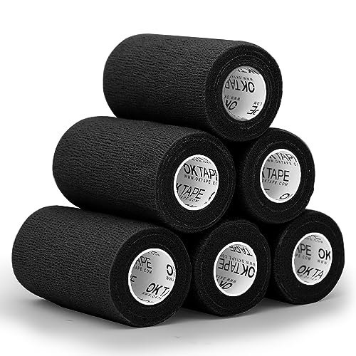 OK TAPE Self Adherent Cohesive Bandages Wrap 6Packs 4" x 5 Yards | Non-Woven Elastic for Thumb Finger Wrist Ankle Self Adhesive Bandage Wrap Breathable Vet Wrap Bandages Tape (Black) - color: Black, size: 4 In x 5 Yards