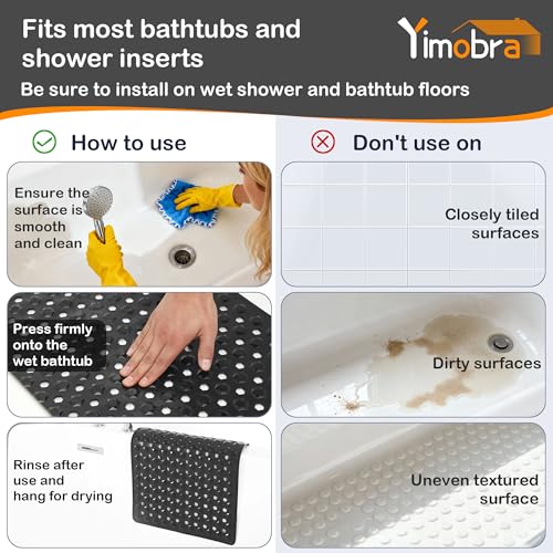 Yimobra Bathtub Mat Non Slip, 34.5"X15.5" Long Shower Mat for Inside Shower, Machine Washable Bath Mat with Drain Holes & Strong Suction Cups, Soft on Feet, Bathroom Essentials, Black - color: Black, size: 34.5 X 15.5 Inch