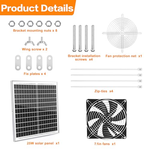 7.1" Large Airflow Solar Powered Greenhouse Fan, 25W Vent Exhaust Intake Solar Fan for Chicken Coop, Waterproof Outdoor Solar Fans, 16.5 ft Long Cord for Dog House, Shed, Cabin